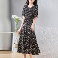 Ehangy輕奢品牌連衣裙女2025年夏季新款時尚氣質圓領花瓣袖中長A字裙子 黑色碎花 2XL 【131-140斤】