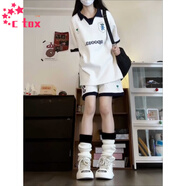 CTOX學院風美式休閑運動套裝女時尚夏季學生寬松polo衫短袖短褲兩件套 白色【套裝】 S 【建議80-95斤】