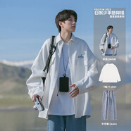 安初夏港風(fēng)工裝長(cháng)袖襯衫男生高級感外套春秋季日系穿搭套裝男裝三件套潮 【三件套】白色+純棉長(cháng)T白+淺藍 XL