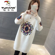 啄木鳥(niǎo)（TUCANO）品牌針織裙女2025秋冬新款中長(cháng)款圓領(lǐng)針織裙寬松加絨加厚套頭女 米白色  M 建議95-105斤