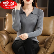 浪莎新款絲光棉針織衫女長袖翻領(lǐng)韓版POLO領(lǐng)女士打底衫百搭顯瘦毛衣女 淺灰色 XL 【120-140斤】