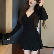 凡伊笑黑色長(cháng)袖連衣裙女秋冬季配大衣打底裙子高級包臀裙純欲小個(gè)子顯瘦 黑色荷葉邊修身短裙 M 【建議90-105斤】