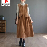 皮爾卡丹（pierre cardin）秋冬新款燈芯絨中長款連衣裙女士復古文藝大碼口袋無袖背心裙 卡其色 M 85-100斤