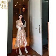 蔓草寇法式粉色v領(lǐng)開叉碎花雪紡吊帶連衣裙女夏不規(guī)則無袖背心裙子長(zhǎng)裙 碎花裙+披肩[ S(85-95)
