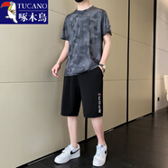啄木鳥(niǎo)（TUCANO）夏季套裝男冰絲短袖t恤男士薄款潮流漸變速干休閑運動(dòng)T恤短褲男潮 0857深灰套裝 4XL (160-180斤）