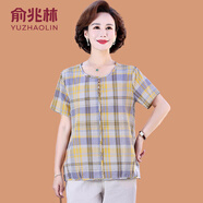 俞兆林媽媽夏裝好棉套裝洋氣格子襯衫中年中老年女裝短袖全棉上衣兩件套 383藍黃格單件上衣 2XL  (參考105-120斤)