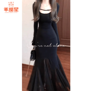 乖甜星黑色魚(yú)尾連衣裙女春夏修身顯瘦包臀裙法式小眾設(shè)計(jì)感絕美網(wǎng)紗長(zhǎng)裙 性感拼接【炫酷黑色】 M (建議95-108斤)