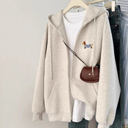 朶云離連帽臘腸狗開(kāi)衫衛衣女2026年春夏秋新款韓版寬松慵懶風(fēng)外套 白灰色 加絨 M 80-100斤