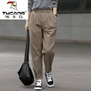 啄木鳥(niǎo)（TUCANO）棉工裝褲女春秋2025新款洋氣時(shí)尚小腳褲女高腰顯瘦高檔休閑褲 卡其灰 3XL 建議135-150斤