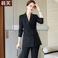 晨芙職業(yè)裝西裝套裝女氣質(zhì)雙排扣小西服外套正裝酒店經(jīng)理珠寶店工作服 黑色西裝+西褲 XL 建議110-125斤