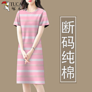 啄木鳥純棉連衣裙女2025新款夏季減齡短袖遮肚中長(zhǎng)裙 輕薄粉白薄 M 建議95斤內(nèi)