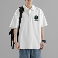 格斯嵐帝短袖t恤男夏季polo衫寬松上衣服翻領(lǐng)潮牌學(xué)生休閑半袖打底衫夏裝 白色 S 約85-105斤可穿