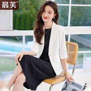 晨芙時尚小西裝外套女夏薄款小個子氣質(zhì)休閑中袖西服連衣裙職業(yè)套裝裙 白色西裝+黑色連衣裙 4XL 建議140-150斤