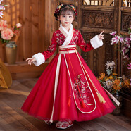 芭米諾漢服女童冬款中國風(fēng)古裝冬季拜年服唐裝兒童裙子 紅色單裙子 120