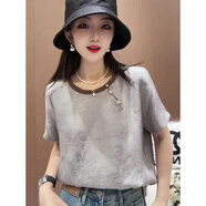 羅蒙（ROMON）早春夏季短袖t恤女2024新款提花國風短袖感漂亮穿搭上衣 灰色提花 L