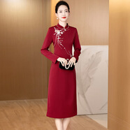 韓曼蕊工廠(chǎng)批發(fā)媽媽婚禮服秋冬新款刺繡高貴喜婆婆婚宴裝改良旗袍連衣裙 酒紅色 M