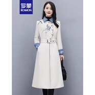 羅蒙中國風(fēng)毛呢大衣女中長(cháng)款2023年秋冬新款氣質(zhì)休閑復古刺繡毛呢外套 白色普通款 L 推薦 100-110斤