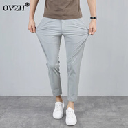OVZH高端品牌 冰絲涼感休閑褲男 夏季薄款修身彈力抗皺免燙小腳九分褲 淺灰色 29 【建議106-115斤】