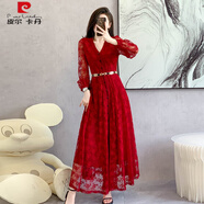 皮爾卡丹（pierre cardin）2025春新款感時尚氣質(zhì)蕾絲連衣裙修身顯瘦V領(lǐng)單排扣開衫長裙 圖片色 L
