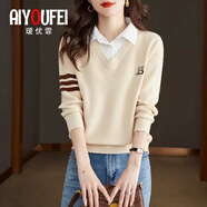 璦優(yōu)霏（aiyoufei）假兩件針織衫女春秋冬新款襯衣領(lǐng)加厚寬松打底毛衣女內(nèi)穿外搭上衣 米白色 M建議95-105斤左右