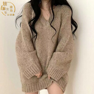 鏡渝先生毛線衣女寬松V領(lǐng)大毛衣女春秋裝顯瘦百搭中長款慵懶風(fēng)針織衫外穿 卡其色 L