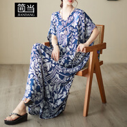 簡當(dāng)（JIANDANG）大碼女裝夏季V領(lǐng)印花長裙度假風(fēng)波西米亞長款連衣裙胖MM裙子5374 藏青色 均碼 【200斤以下】