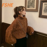FSHE韓版寬松麻花毛衣女2025春秋新款百搭長(cháng)袖針織衫女高領(lǐng)短款上衣冬 桔色 L
