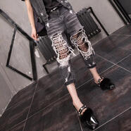 萬派摩2025夏季破洞牛仔褲女寬松闊腿顯瘦小腳垮褲黑灰色哈倫小腳褲 9808深灰色 26