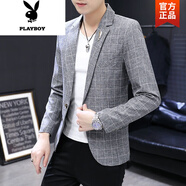 花花公子（PLAYBOY）2025春秋新款男士休閑單西服外套韓版修身帥氣格子青年小西裝潮流 J27-2012西裝灰色 XL (170) 建議120-135斤