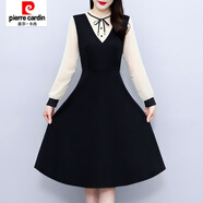 皮爾卡丹（pierre cardin）時尚氣質(zhì)收腰假兩件套中長款大碼女裝胖mm春夏新款長袖連衣裙顯瘦 黑色 3XL