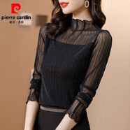皮爾卡丹（pierre cardin）內搭長(cháng)袖亮絲網(wǎng)紗蕾絲打底衫女半高領(lǐng)修身雪紡衫上衣2026秋裝新款 黑色 L