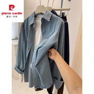 皮爾卡丹復古藍色正肩牛仔襯衫女春秋感顯瘦長(cháng)袖減齡疊穿襯衣休閑外套 淺藍 XL