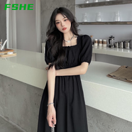FSHE2025夏季新松緊黑色高腰方領(lǐng)超仙氣質(zhì)溫柔連衣裙大擺垂感收腰長裙 黑色收身裙 L 105-120斤