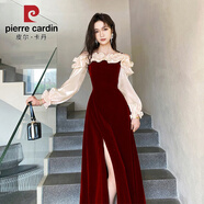 皮爾卡丹一字肩敬酒服新娘2025新款秋冬晚禮服平時(shí)可穿成人禮訂婚日常禮裙 紅色【升級面料】 2XL