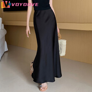 VOYDOVE法式感醋酸緞面半身裙女春夏2025新款高腰包臀裙垂感魚尾長裙 黑色 XL
