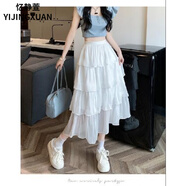 憶靜萱（YIJINGXUAN）流光紗裙層層荷葉邊蛋糕裙女2025春夏仙感珠光中長裙 白色 S