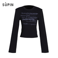 速品SUPIN女裝字母印花修身顯瘦圓領(lǐng)套頭長(cháng)袖打底外穿T恤衫 N13黑色 M