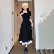 JRET法式赫本風(fēng)黑色方領(lǐng)連衣裙子女夏季2025新款小個(gè)子收腰蓬蓬裙短裙 黑色長(zhǎng)款【廳里廳氣衣服/端莊大 S 40/45kg
