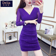 矜持范女裝性感打底包臀裙子2025新款修身顯瘦氣質(zhì)女神V領(lǐng)連衣裙女秋 紫色【長(cháng)袖9111款】 2XL