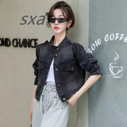 SXA香港潮牌復(fù)古做舊毛邊牛仔外套女2025春秋新款小個(gè)子百搭?yuàn)A克衫 黑色 M