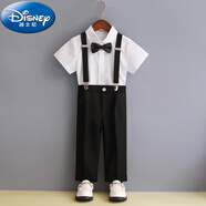 迪士尼（Disney）兒童男童禮服套裝英倫風(fēng)主持人走秀鋼琴演出服夏季花童服裝小西裝 白色鏡面短袖+黑色長褲+背帶+黑 均碼 純棉襯衫透氣舒適