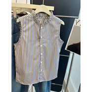 溫萊蔓莎神器內搭配西服的無(wú)袖打底衫女立領(lǐng)條紋襯衫木耳花邊襯衣疊穿背心 條紋 L