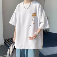 嘉曄短袖t恤男2024夏季新款五分袖t恤男裝衣服港風(fēng)潮牌冰絲半袖男體恤 T145箱小貓白色 S 【60-70斤】