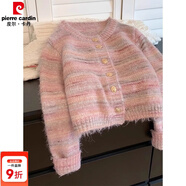 皮爾卡丹（pierre cardin）小香風(fēng)粉色短款條紋馬海毛毛衣外套女早春秋季加厚內搭針織衫開(kāi)衫 粉色 S