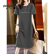 皮爾卡丹（pierre cardin）2025夏季新款純|棉過膝開叉短袖圓領(lǐng)連衣裙寬松長(zhǎng)款裙子T恤上衣in 灰色裙-一行字母 2XL 140-160斤