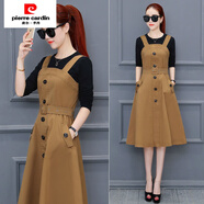 皮爾卡丹（pierre cardin）2025春季新款韓版連衣裙女套裝時(shí)尚修身顯瘦氣質(zhì)淑女背帶裙兩件套 卡其色+黑色T恤 兩件套 S 80-95斤