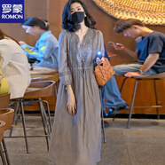 羅蒙（ROMON）文藝范高貴重工刺繡V領(lǐng)連衣裙女2025春季寬松顯瘦收腰氣質(zhì)長(cháng)裙子 灰色 2XL 【141-160斤】