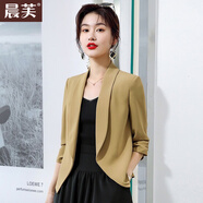 晨芙雪紡西裝外套女士夏季薄款網(wǎng)紅氣質(zhì)休閑小個(gè)子短款七分袖西服上衣 單件卡其色西裝 XL 建議110-120斤