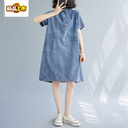 初徑牛仔襯衫連衣裙女夏裝2025新款寬松大碼復古感氣質(zhì)polo領(lǐng)裙子 藍色 L 大尺碼95~125斤