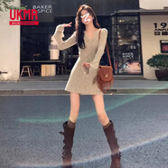 UKMR法式感打底v領(lǐng)針織連衣裙子女春季2025新款大衣內(nèi)搭包臀裙 杏色連衣裙 L 110-125斤